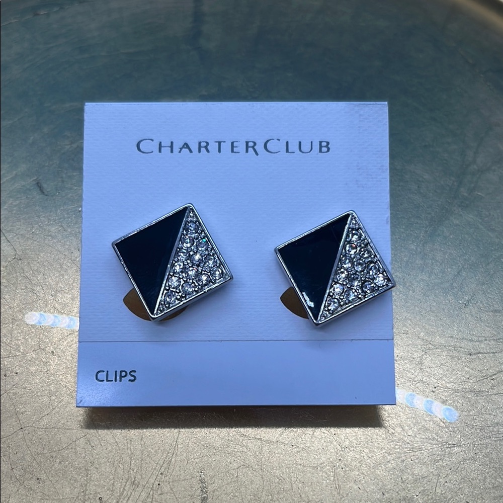 R49. Charter Club Black and Silver Geometric Clip Earrings
